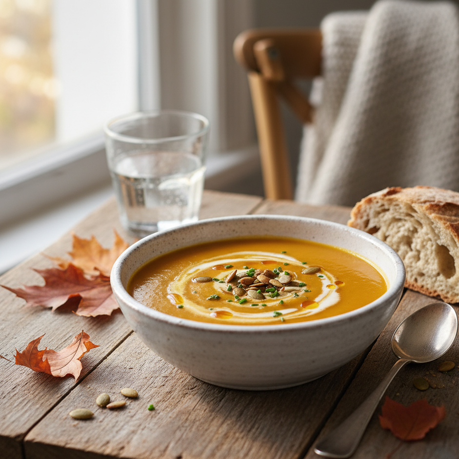 Tazón de crema de calabaza con semillas y crema, ideal para un día frío.