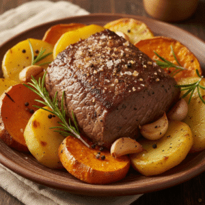 Plato de asado de ternera con patatas y boniatos cocido en Mambo de Cecotec