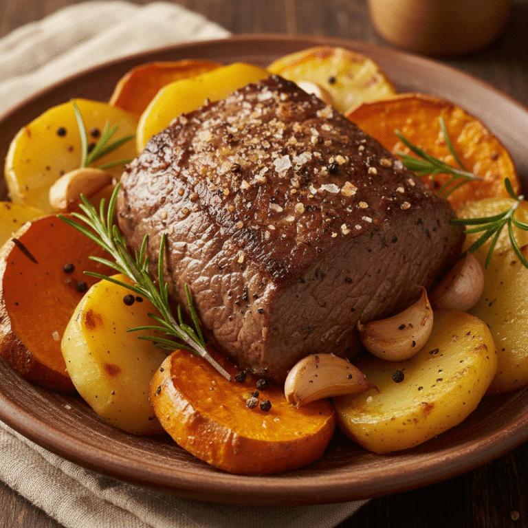 Plato de asado de ternera con patatas y boniatos cocido en Mambo de Cecotec