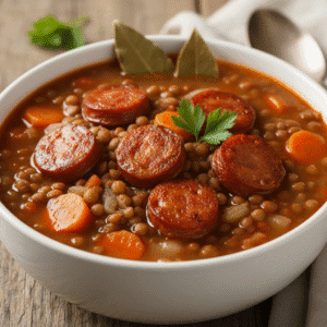 Sopa de lentejas con chorizo y verduras, servida en una olla con decoración de perejil.