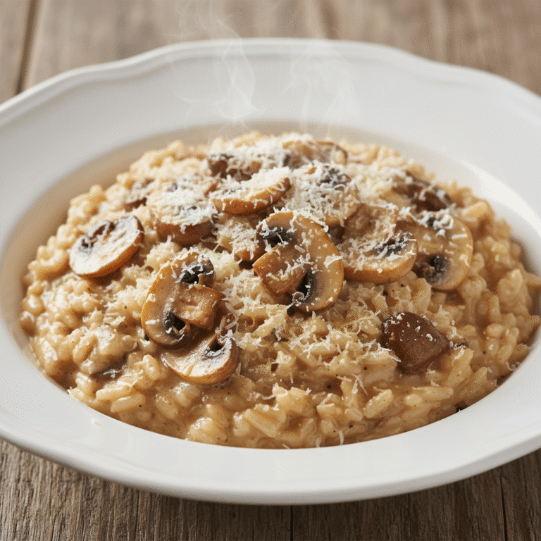 Plato de risotto de setas cremoso preparado con Mambo Cecotec, servido en un plato blanco con queso parmesano y hierbas.
