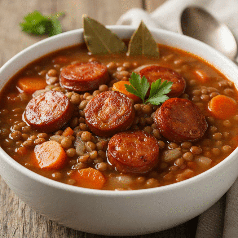 Sopa de lentejas con chorizo y verduras, servida en una olla con decoración de perejil.