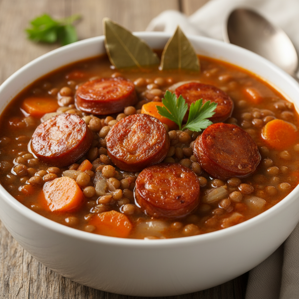 Sopa de lentejas con chorizo y verduras, servida en una olla con decoración de perejil.
