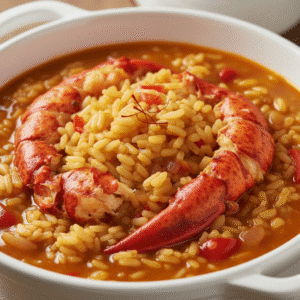 Plato de arroz caldoso con trozos de bogavante, cocinado en Mambo