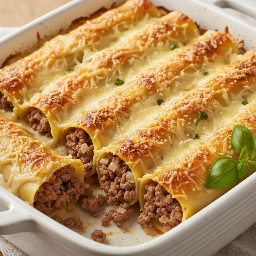 Canelones gratinados en fuente de horno, preparados con Mambo de Cecotec