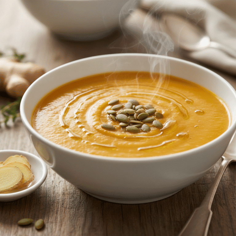 Cuenco de crema de calabaza y zanahoria con jengibre, aceite de oliva y semillas en la superficie.
