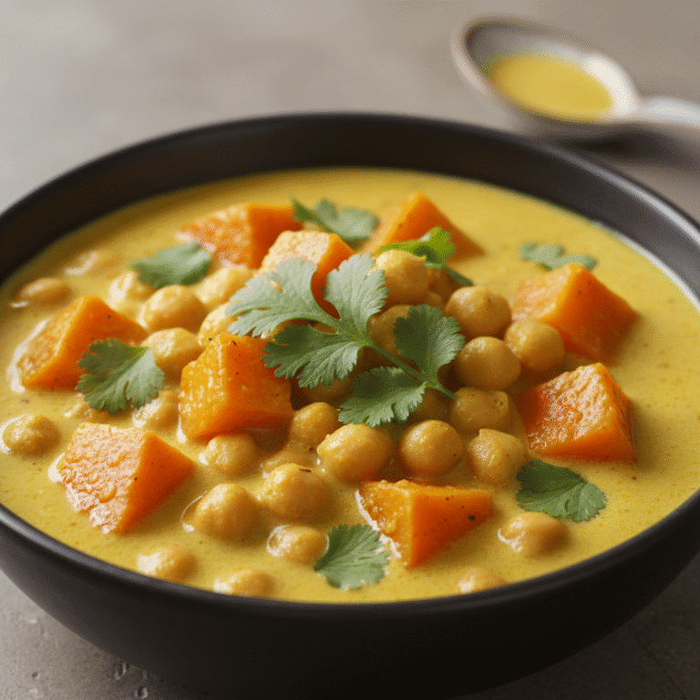 Plato de curry de garbanzos y calabaza servido en un bol, preparado con Mambo de Cecotec.