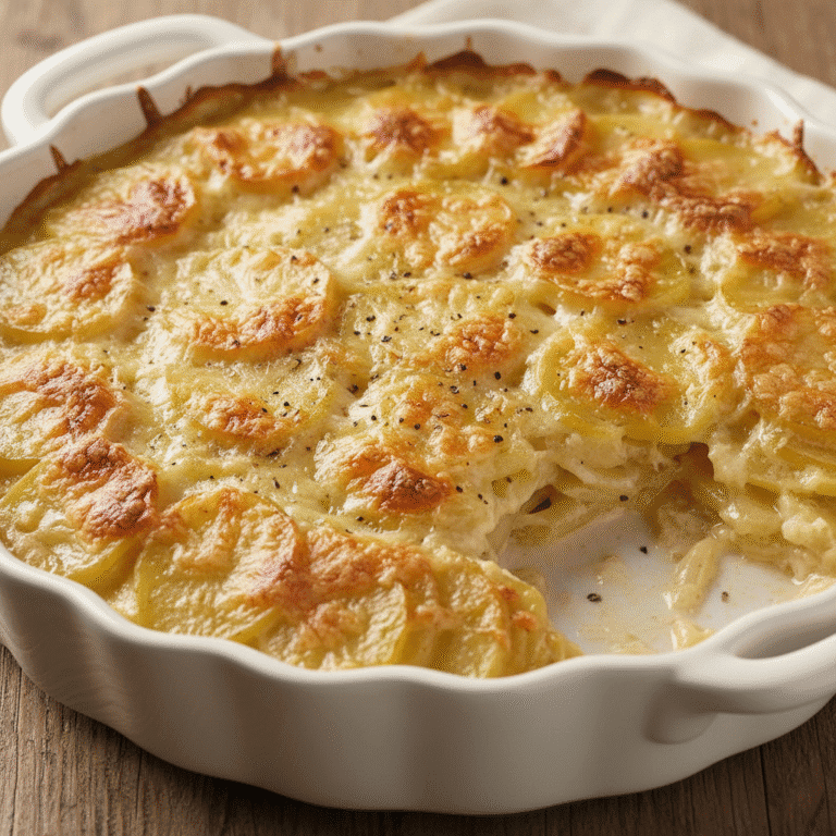 Gratinado de patatas dorado y cremoso en una fuente de horno
