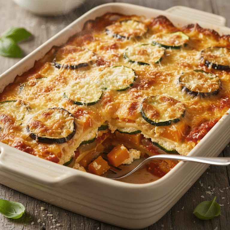 Lasaña de verduras cocinada en Mambo con capas de calabacín, berenjena y calabaza