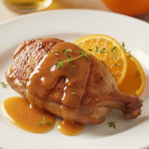 Pato a la naranja dorado servido en una bandeja decorativa, cocinado en un Mambo de Cecotec.