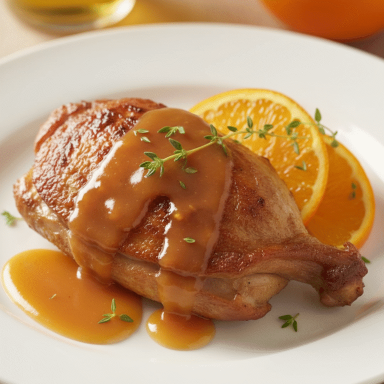 Pato a la naranja dorado servido en una bandeja decorativa, cocinado en un Mambo de Cecotec.