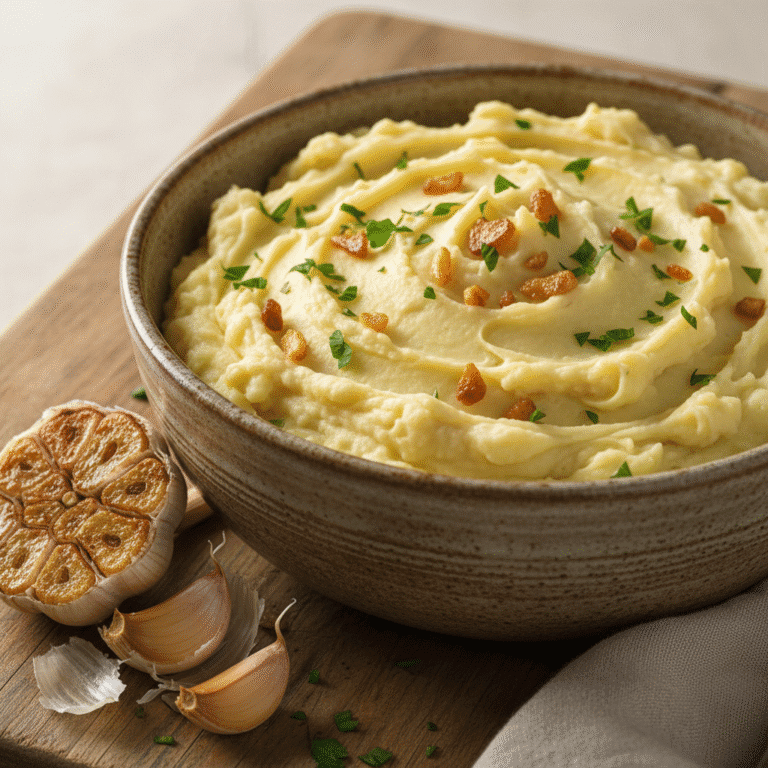 Bol de puré de patatas cremoso con ajo y perejil