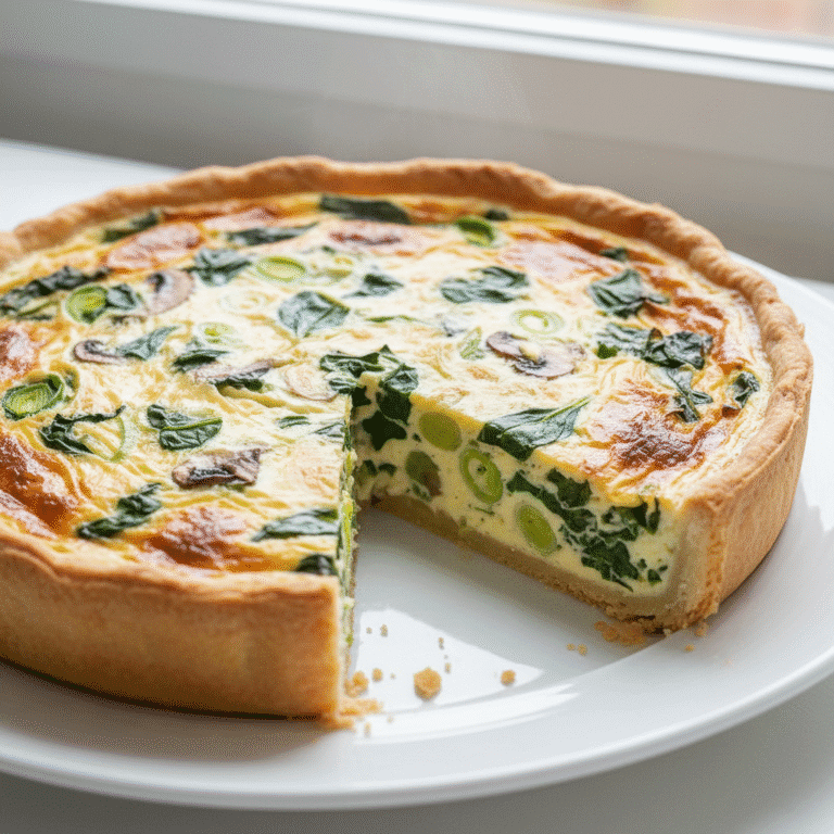 Quiche dorada de puerros y espinacas preparada en Mambo