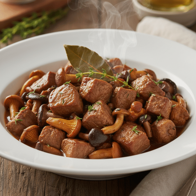 Plato de ragout de cordero con setas preparado en Mambo
