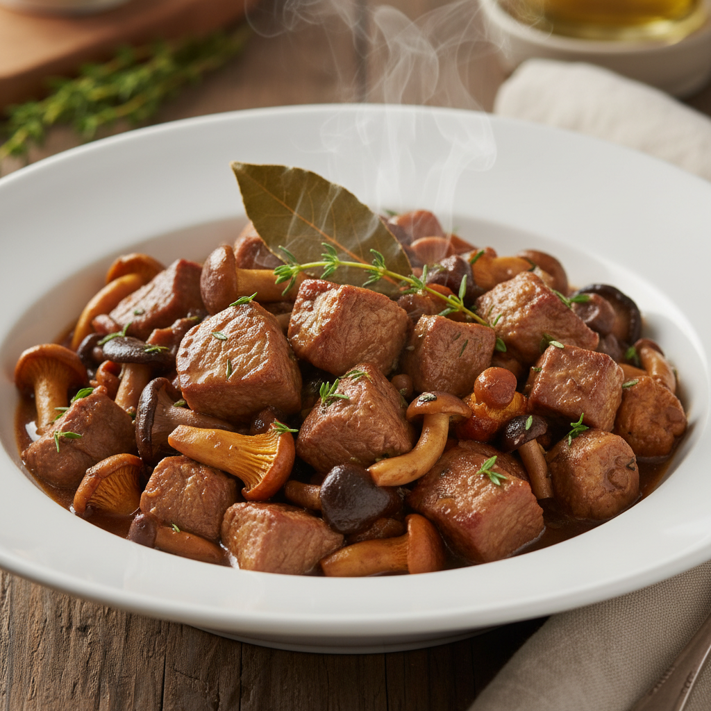 Plato de ragout de cordero con setas preparado en Mambo