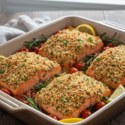 Salmón al Horno en Mambo con Crujiente de Almendras