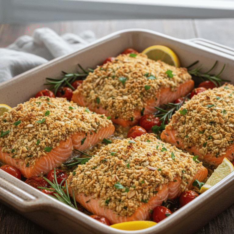 Salmón al horno con una costra dorada de almendras y hierbas.