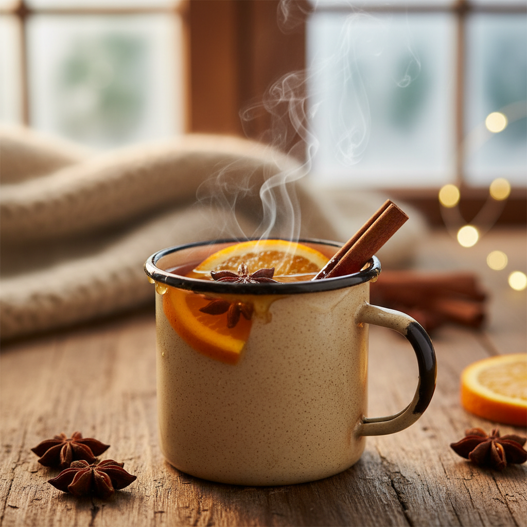 Taza de sidra de manzana caliente con canela y anís y decoraciones de naranja.