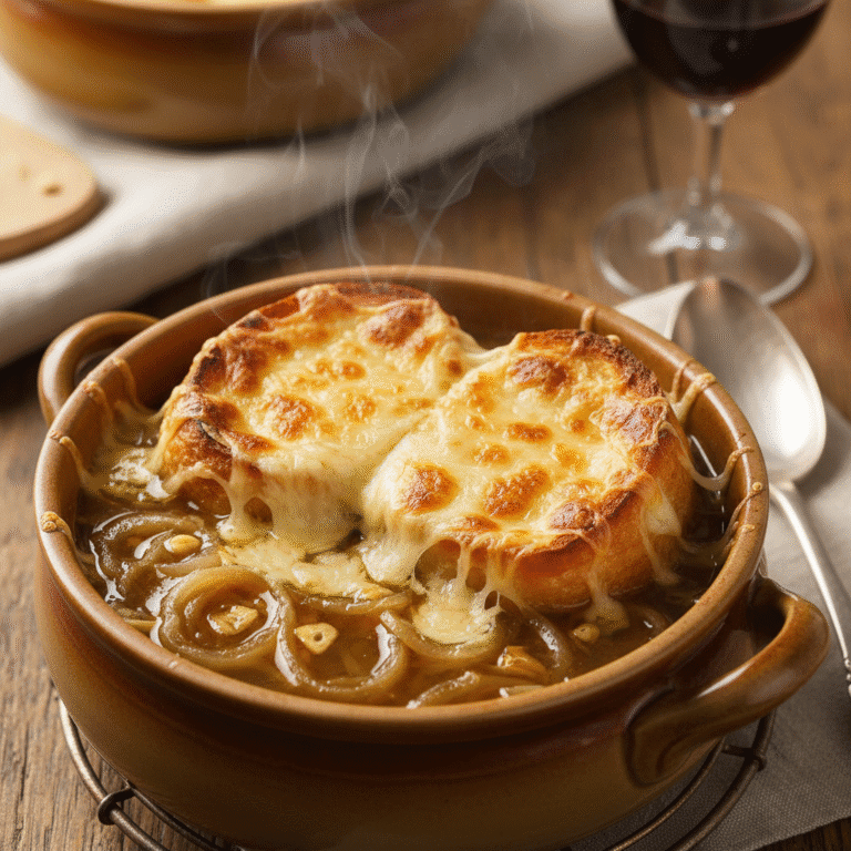 Cuenco de sopa de cebolla gratinada con queso y baguette tostada