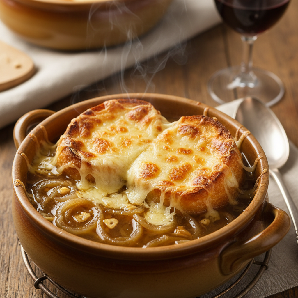 Cuenco de sopa de cebolla gratinada con queso y baguette tostada