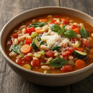 Bol de sopa Minestrone con verduras frescas y queso parmesano, cocinada en Mambo de Cecotec.