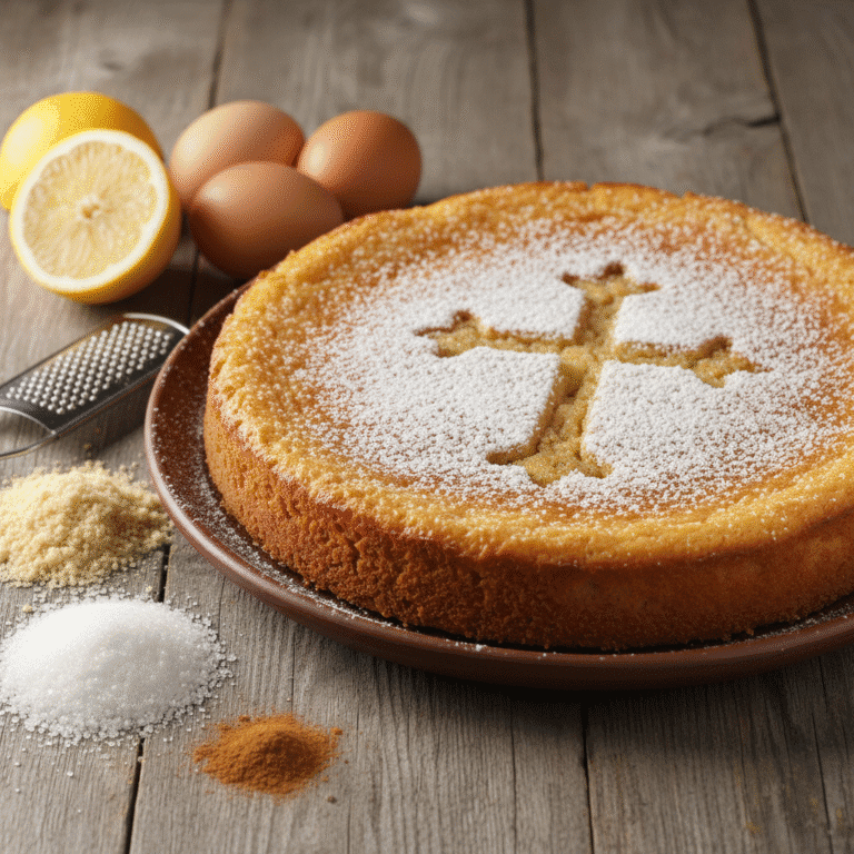 Tarta de Santiago con cruz de azúcar glas sobre superficie de madera, preparada en Mambo.