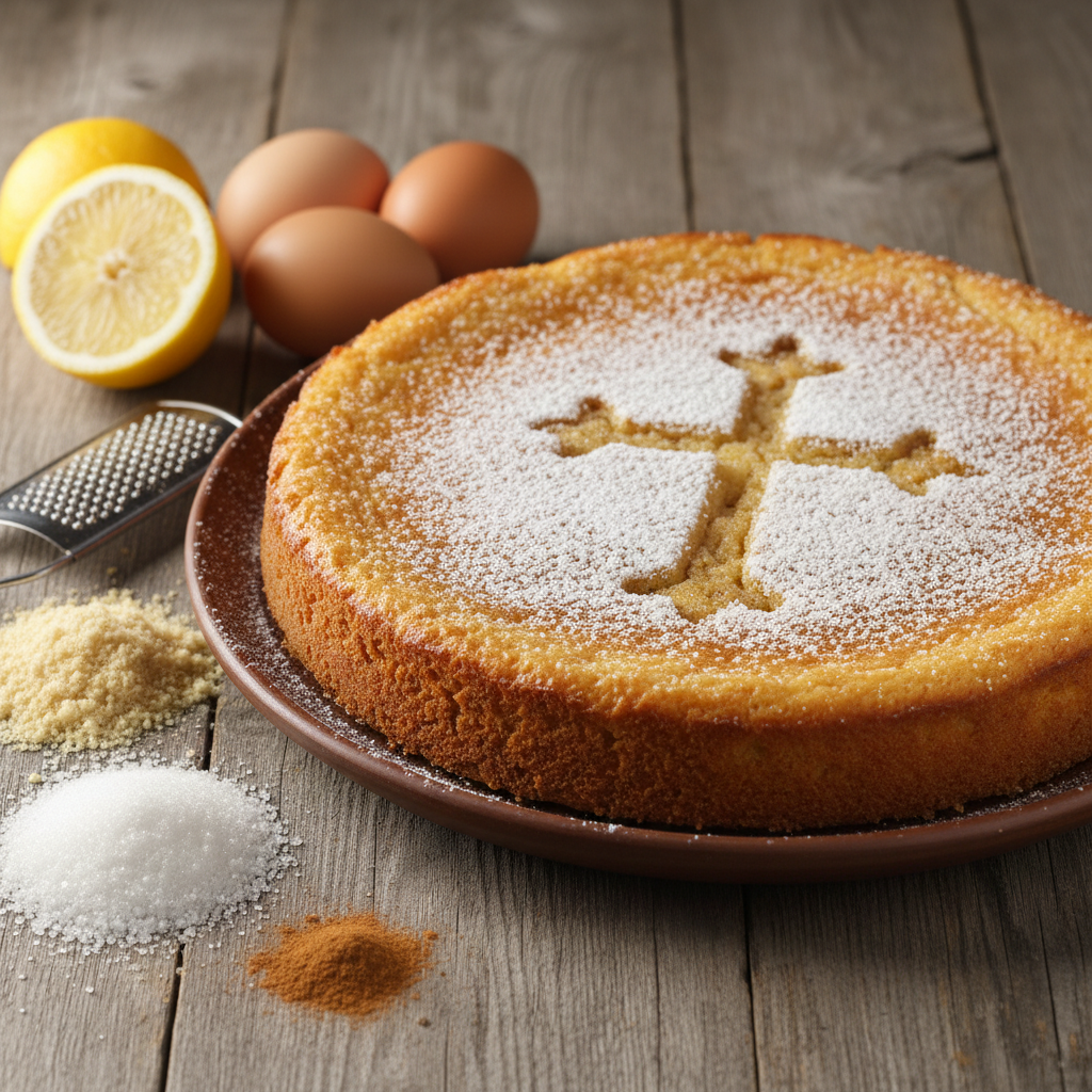 Tarta de Santiago con cruz de azúcar glas sobre superficie de madera, preparada en Mambo.