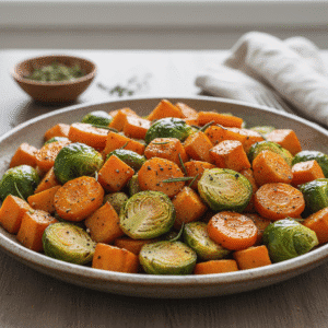 Plato de boniato, zanahorias y coles de Bruselas asados, cocinados en un Mambo de Cecotec.