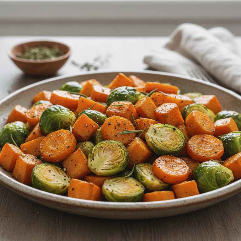 Plato de boniato, zanahorias y coles de Bruselas asados, cocinados en un Mambo de Cecotec.