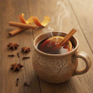 Jarra de vino caliente con especias y rodaja de naranja, preparado en Mambo.