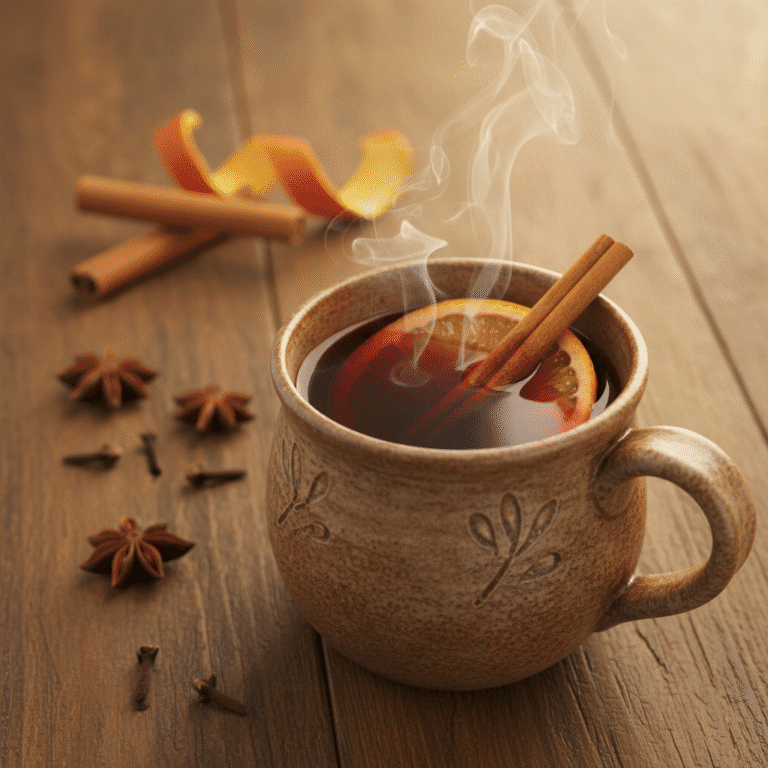 Jarra de vino caliente con especias y rodaja de naranja, preparado en Mambo.