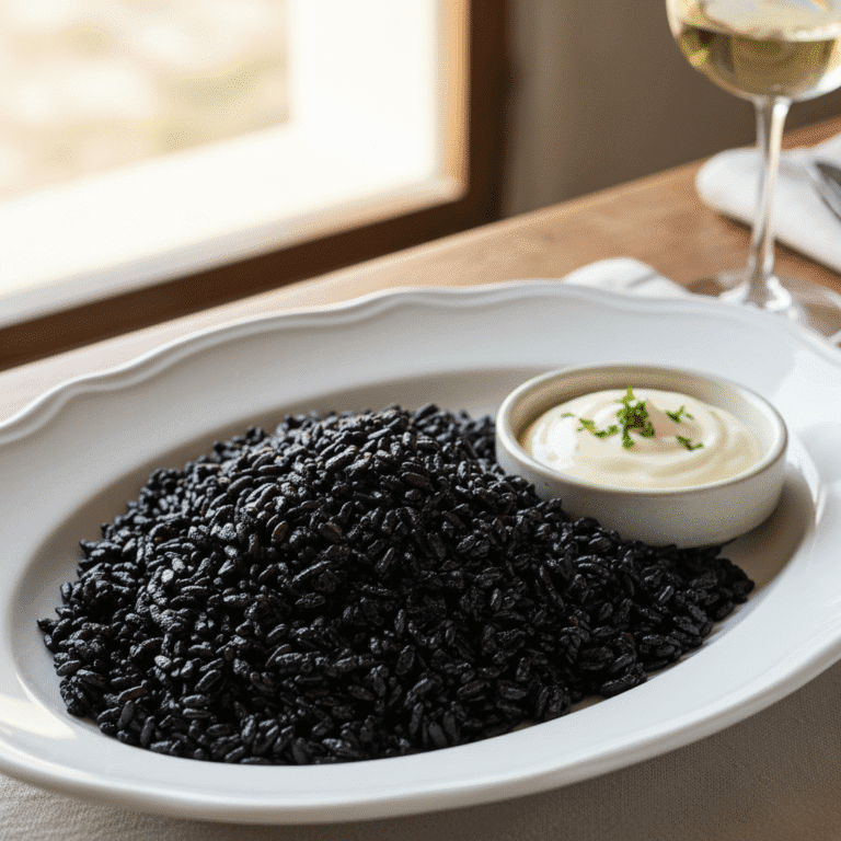 Imagen de un plato de arroz negro con alioli, garnished with parsley, using the Mambo de Cecotec.