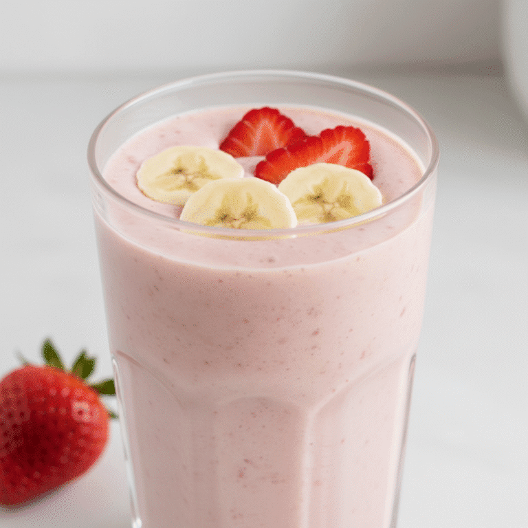 Un delicioso batido de fresa y plátano hecho con Mambo, servido en un vaso y decorado con frutas frescas.