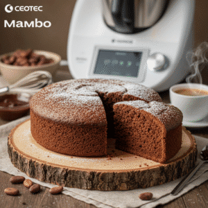 Bizcocho de chocolate esponjoso cortado en porciones, preparado con Cecotec Mambo.