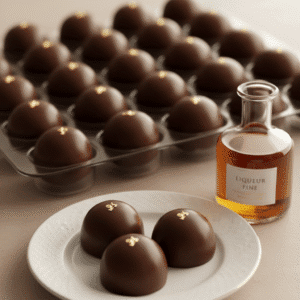 Bombones de chocolate y licor sobre un plato elegante, creados con Mambo de Cecotec.