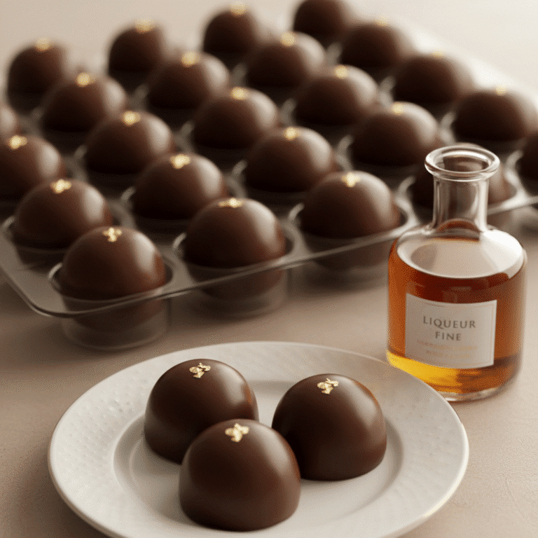 Bombones de chocolate y licor sobre un plato elegante, creados con Mambo de Cecotec.