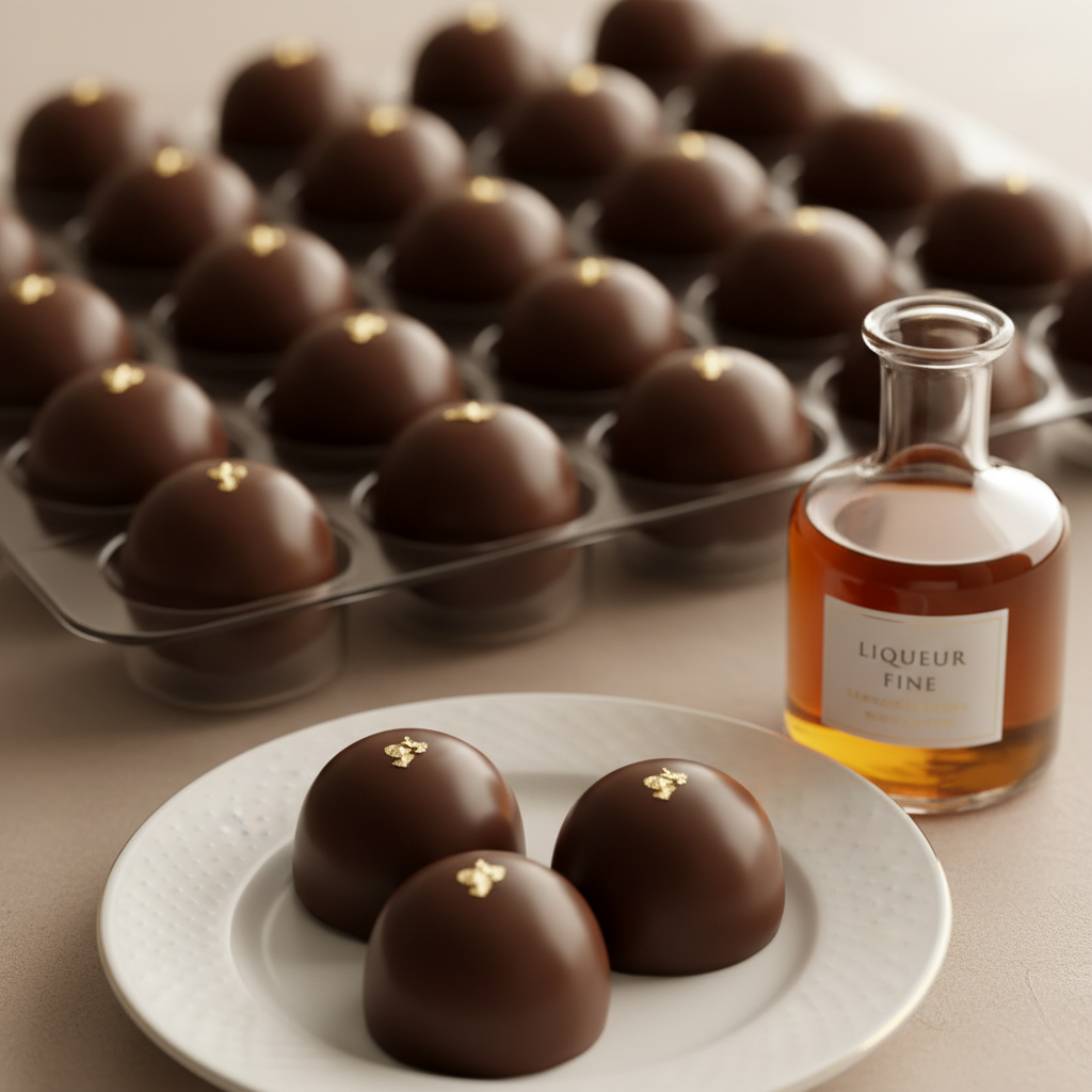 Bombones de chocolate y licor sobre un plato elegante, creados con Mambo de Cecotec.