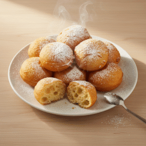 Buñuelos de viento dorados y esponjosos con azúcar glas, preparados con Mambo de Cecotec.