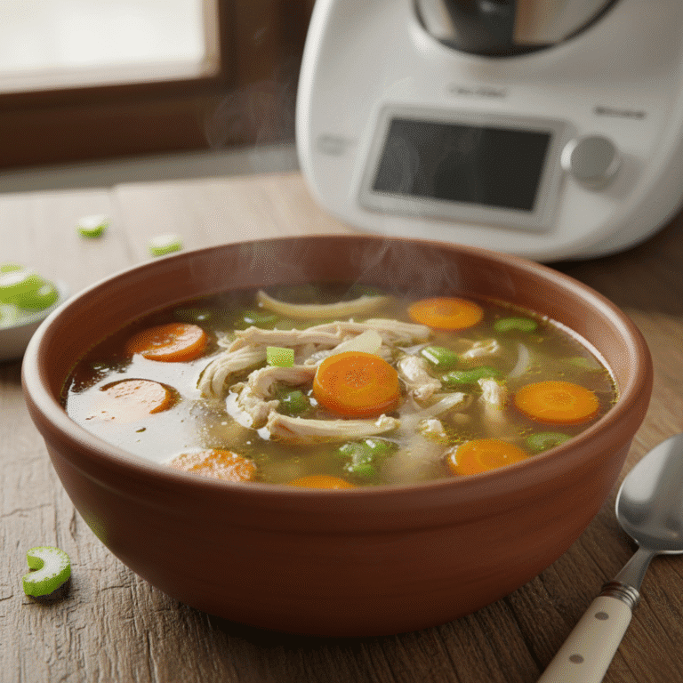 Bol de caldo de pollo casero con verduras y hierbas frescas, hecho con Mambo de Cecotec.
