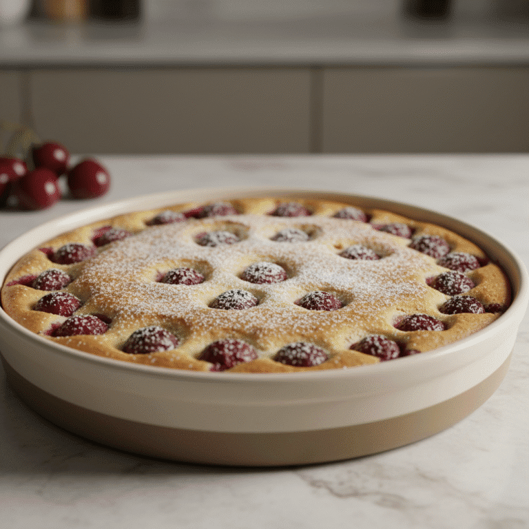 Clafoutis de cerezas casero, esponjoso y dorado, preparado con Mambo de Cecotec.