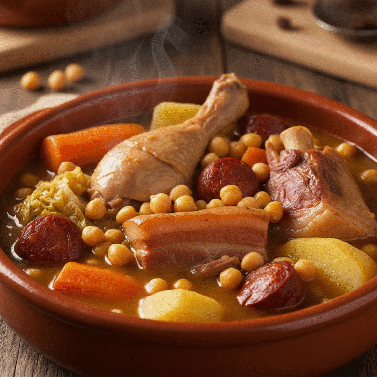 Plato de cocido madrileño con garbanzos, pollo y verduras, cocinado con Mambo de Cecotec.