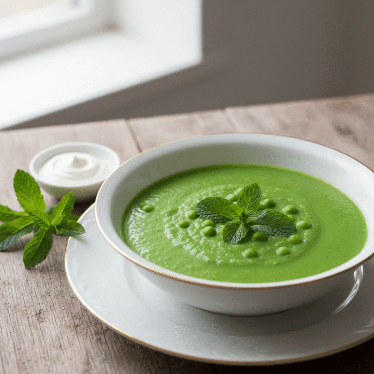 Bol de crema de guisantes con menta, adornado con hojas frescas, preparado con Mambo.
