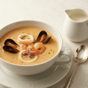 Crema de marisco cremosa servida en un bol blanco, adornada con perejil y camarones, preparada con Mambo de Cecotec.