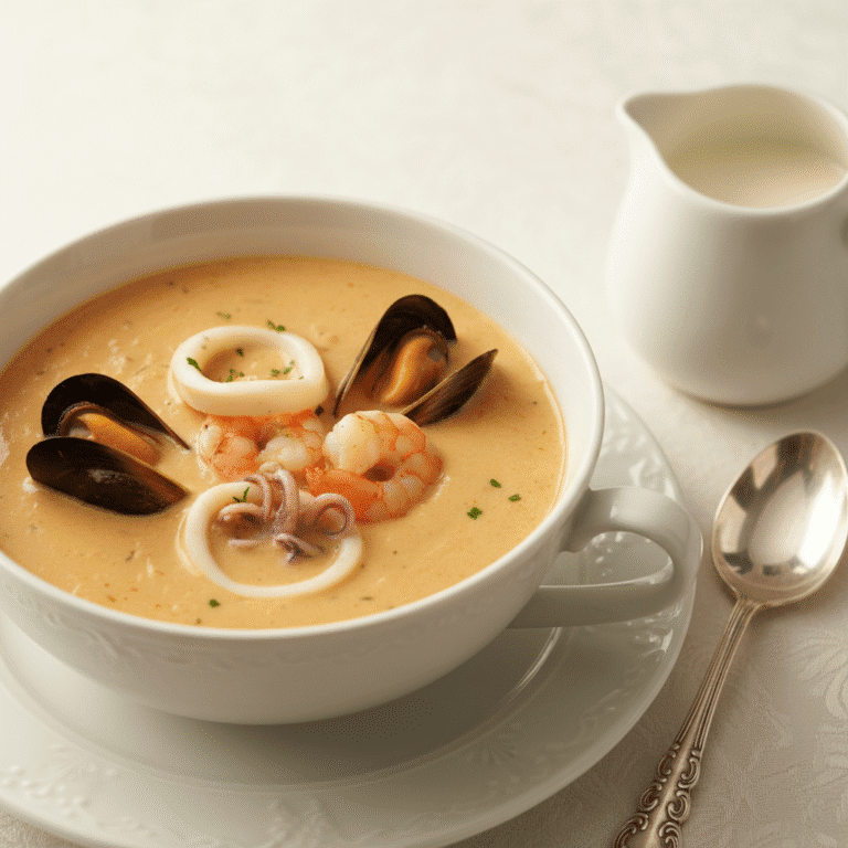 Crema de marisco cremosa servida en un bol blanco, adornada con perejil y camarones, preparada con Mambo de Cecotec.