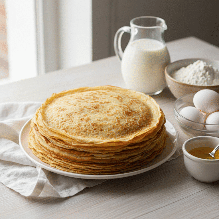 Plato de crepes dorados y suaves, preparados con el robot de cocina Mambo de Cecotec.
