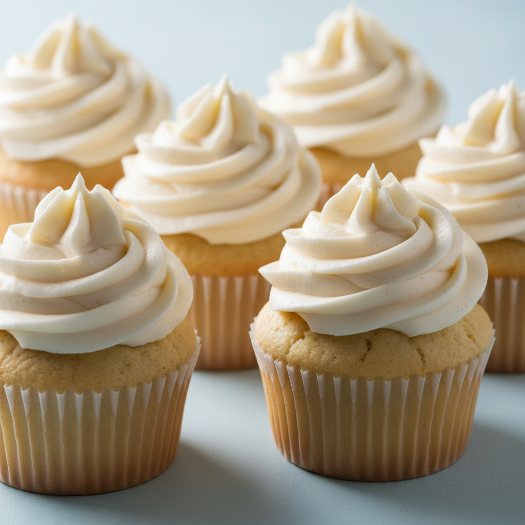 Cupcakes de vainilla con buttercream, esponjosos y apetitosos, preparados usando el Mambo de Cecotec.