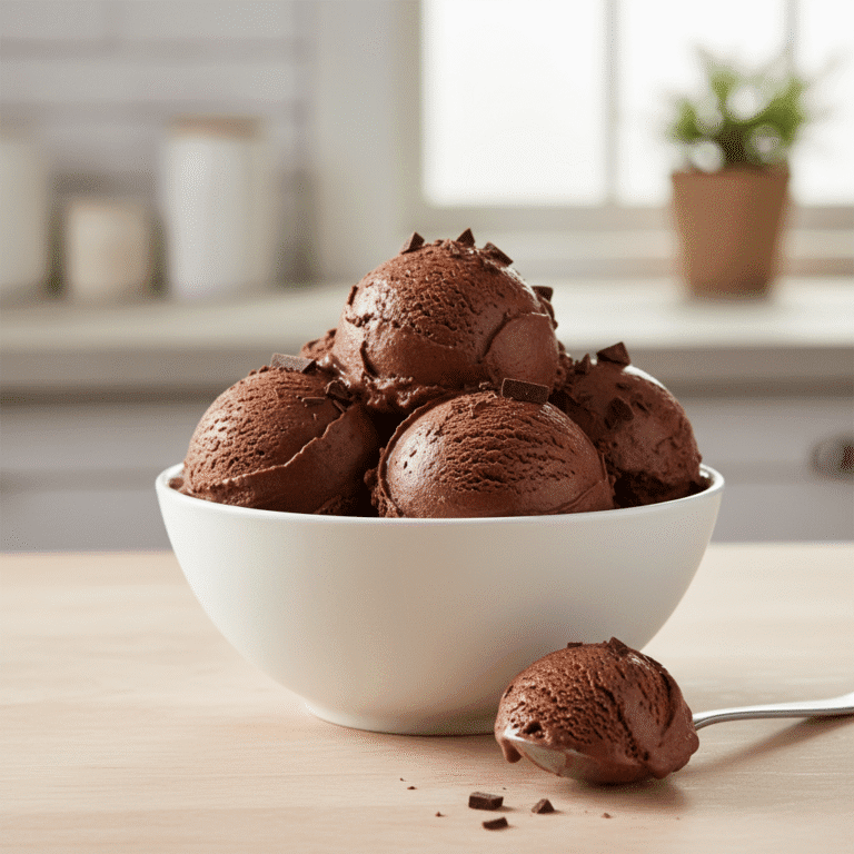 Cremoso helado de chocolate en un cuenco decorado con virutas de chocolate, hecho con Mambo de Cecotec.