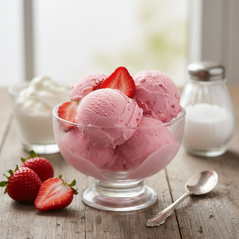 Un delicioso y cremoso helado de fresa preparado con Mambo, decorado con fresas frescas.