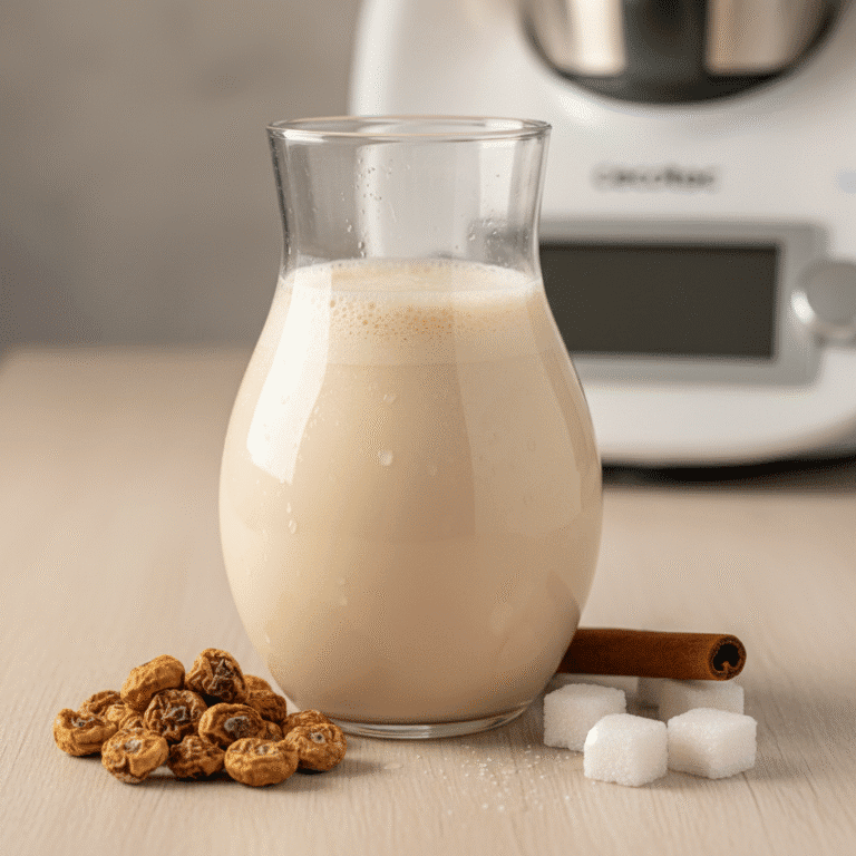 Imagen de un vaso de horchata de chufa con canela, preparada con Mambo de Cecotec.