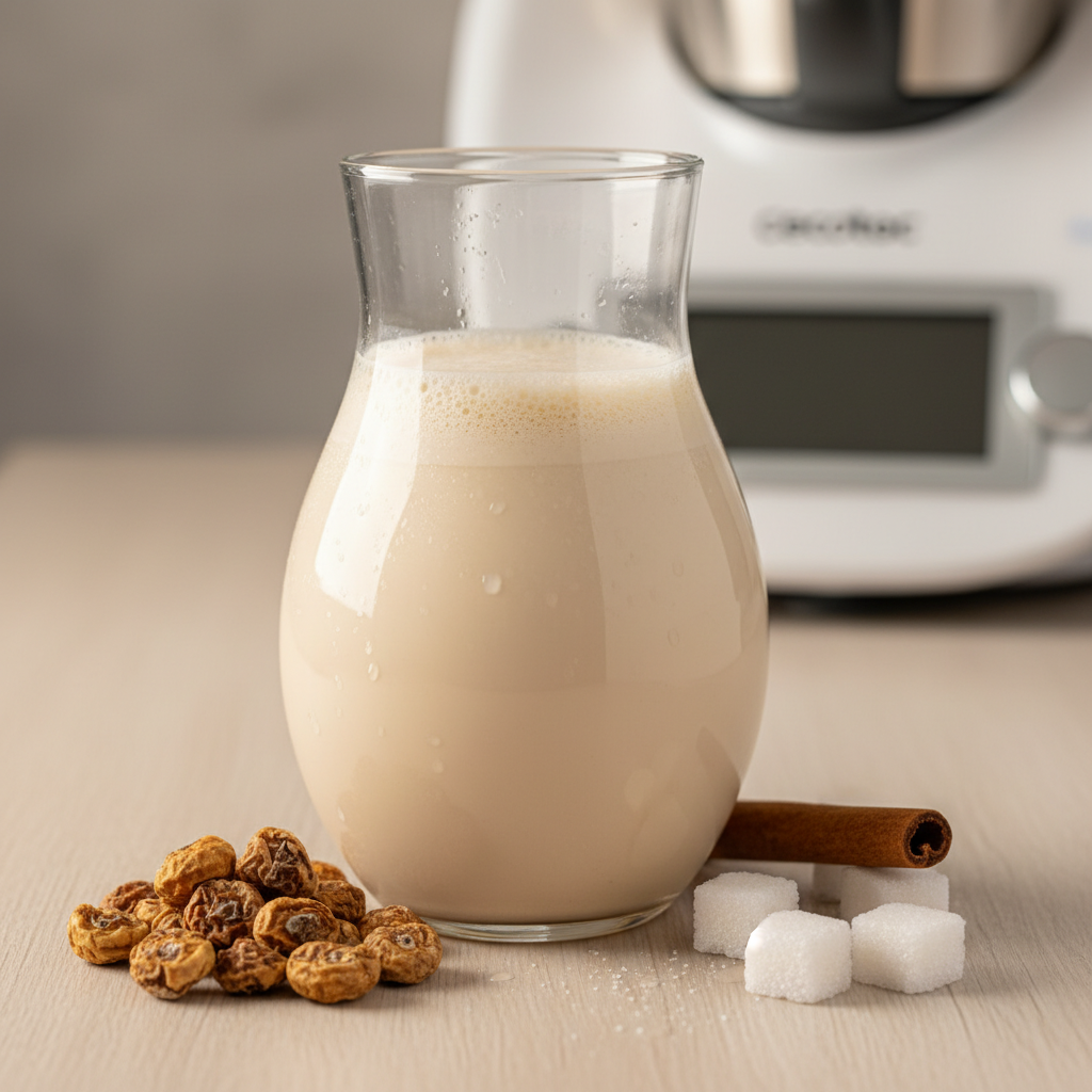 Imagen de un vaso de horchata de chufa con canela, preparada con Mambo de Cecotec.